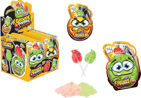 Johny Bee Grenade Popping Dip - grenade look, fruity lollipop with shower powder, 13g