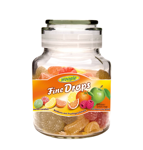 Woogie Fine Drops - hard caramella candy in a glass with a fruits mixture, 300g