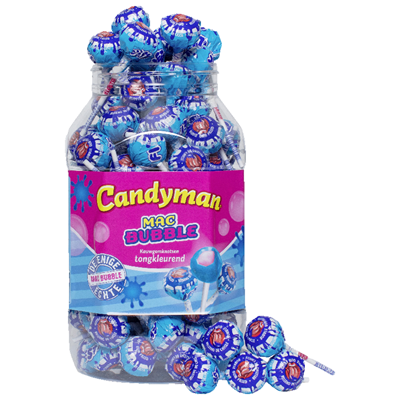 Candyman Blueberry Tongue Painter Sucettes avec chewing-gum, 100 pcs