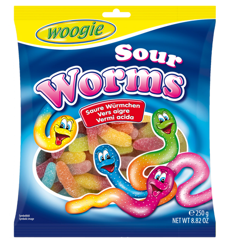 Woogie sugared gelatine glowworm acid worms, 250g