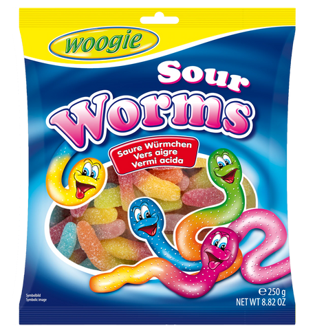 Woogie Sughed Gelatine Glowworm Acid Worms, 250g