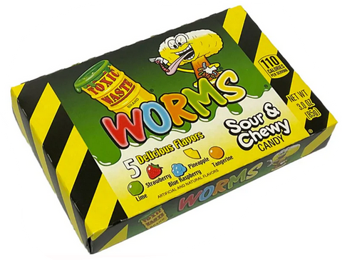 Toxy Waste Theatre Box Worms - Vers en caoutchouc de fruits acides, 85g