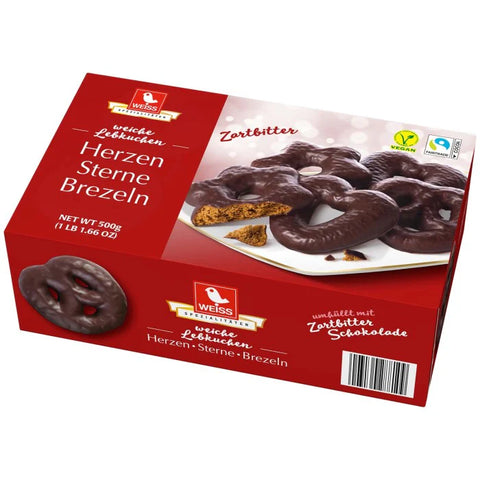 White gingerbread hearts stars & pretzels in dark chocolate 500g