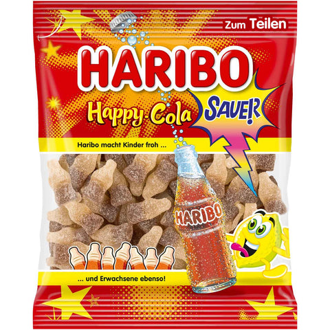 Haribo Happy Cola sour - sweetened cola bottle fruit gum with cola-lemon flavor, 175g