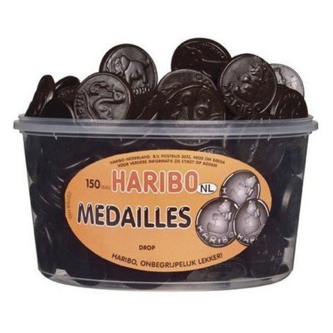 Haribo liquorice medals - delicious, spicy liquorice at its best in medal shape, large round tin, 150 pieces