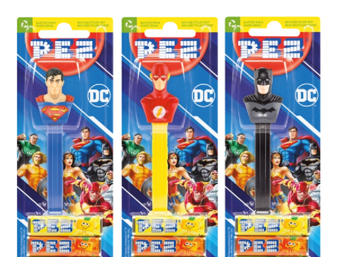 Pez dispenser - DC Heroes Batman, Flash, Superman, various characters, including 2x PEZ candies, 2x 8.5g