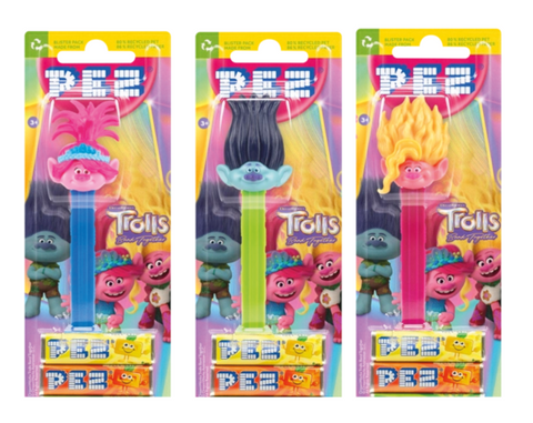 Distributeur PEZ Trolls différents personnages, dont 2x bonbons PEZ, 2x 8,5g