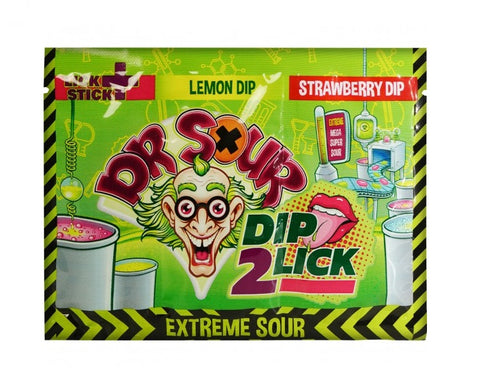 Dr. Sour Dip 2 Lick - sweet lollipop with two extremely sour effervescent powders (lime and strawberry), 18g