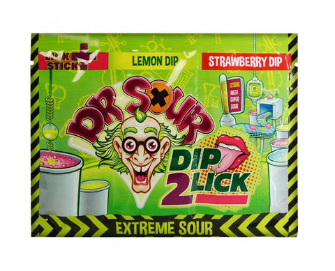 Dr. Sour Dip 2 Lick - sucette sucrée avec deux poudres effervescentes extrêmement acidulées (citron vert et fraise), 18g