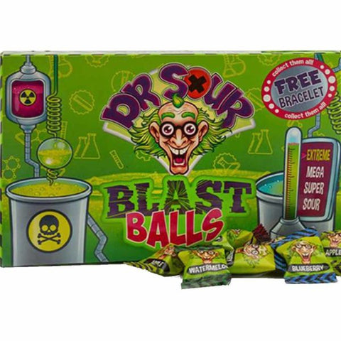 Dott. Sour Blast Balls Theatre Box caramelle acide estreme - gomma da masticare con ripieno acido, 90 g