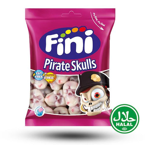 Fini Pirate Skulls Halal - délicieux crânes de gomme aux fruits fourrés aux fruits, 75g