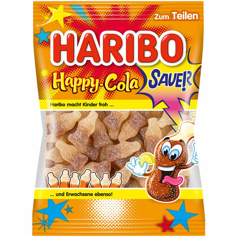 Haribo Happy Cola sour - sweetened cola bottle fruit gum with cola-lemon flavor, 175g