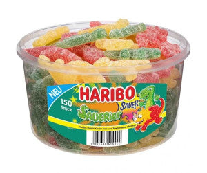 Haribo SAUERier, sugared, sour fruit gum dinosaurs with different fruit variants, round tin, 150 pieces