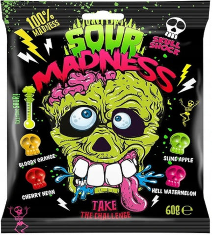 Sour Madness skulls - different fruit flavors and super extra sour, 60g